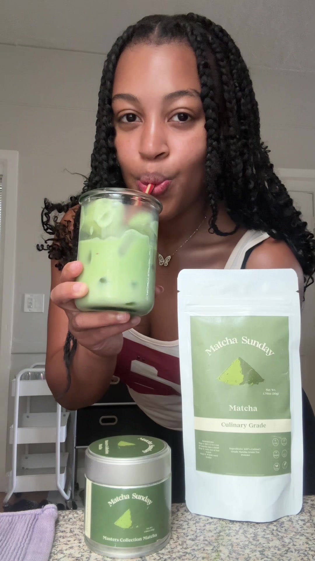 TikTok post by @kobii.r for Matcha Sunday. Caption reads: [...] and a splash of almond milk! #matcha....