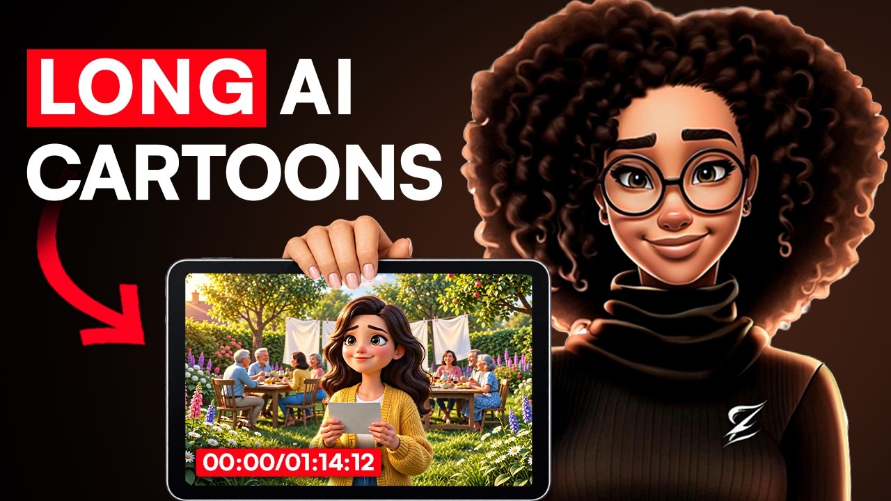 YouTube post by @thezinnystudio for vidIQ. Caption reads: How I Make Long AI Cartoons for FREE (New Method).