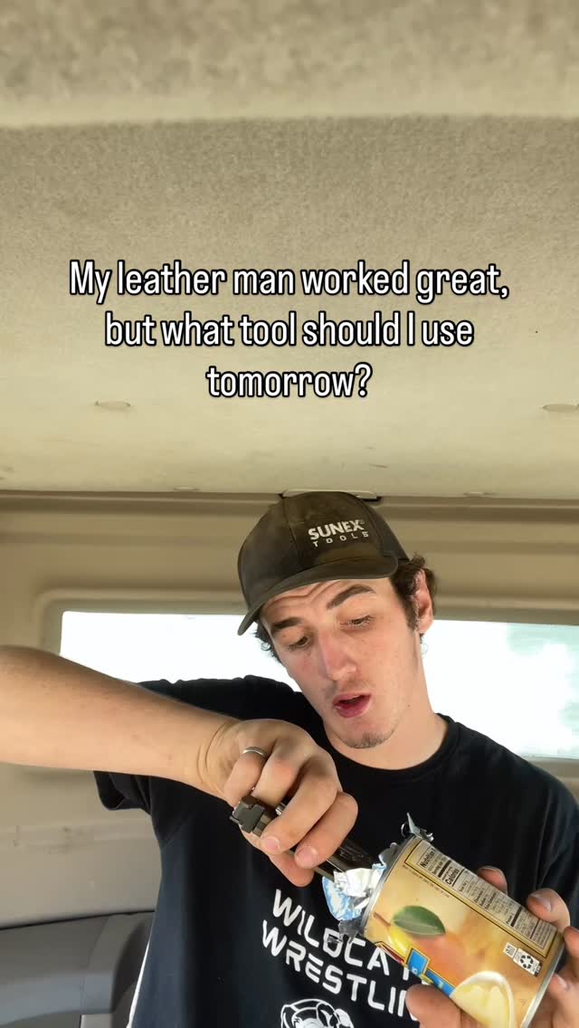 Instagram post by @dorm_room_mechanic for Leatherman. Caption reads: What tool should open my canned pears tomorrow?....