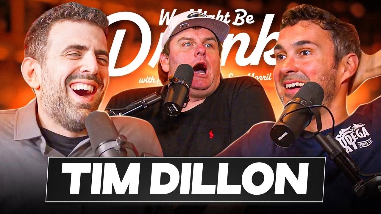 YouTube post by @WeMightBeDrunkPod for PrizePicks. Caption reads: Tim Dillon w/ Mark Normand & Sam Morril.