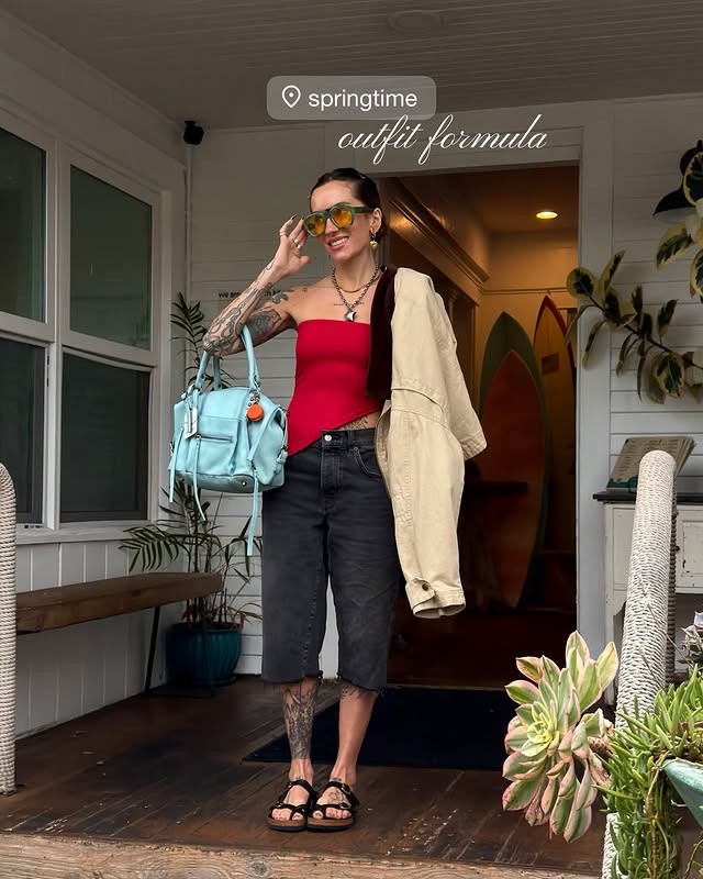 Instagram post by an influencer for Birkenstock USA. Caption reads: [...] outfit for the szn w/ @birkenstockusa 🤌🏼🌷....