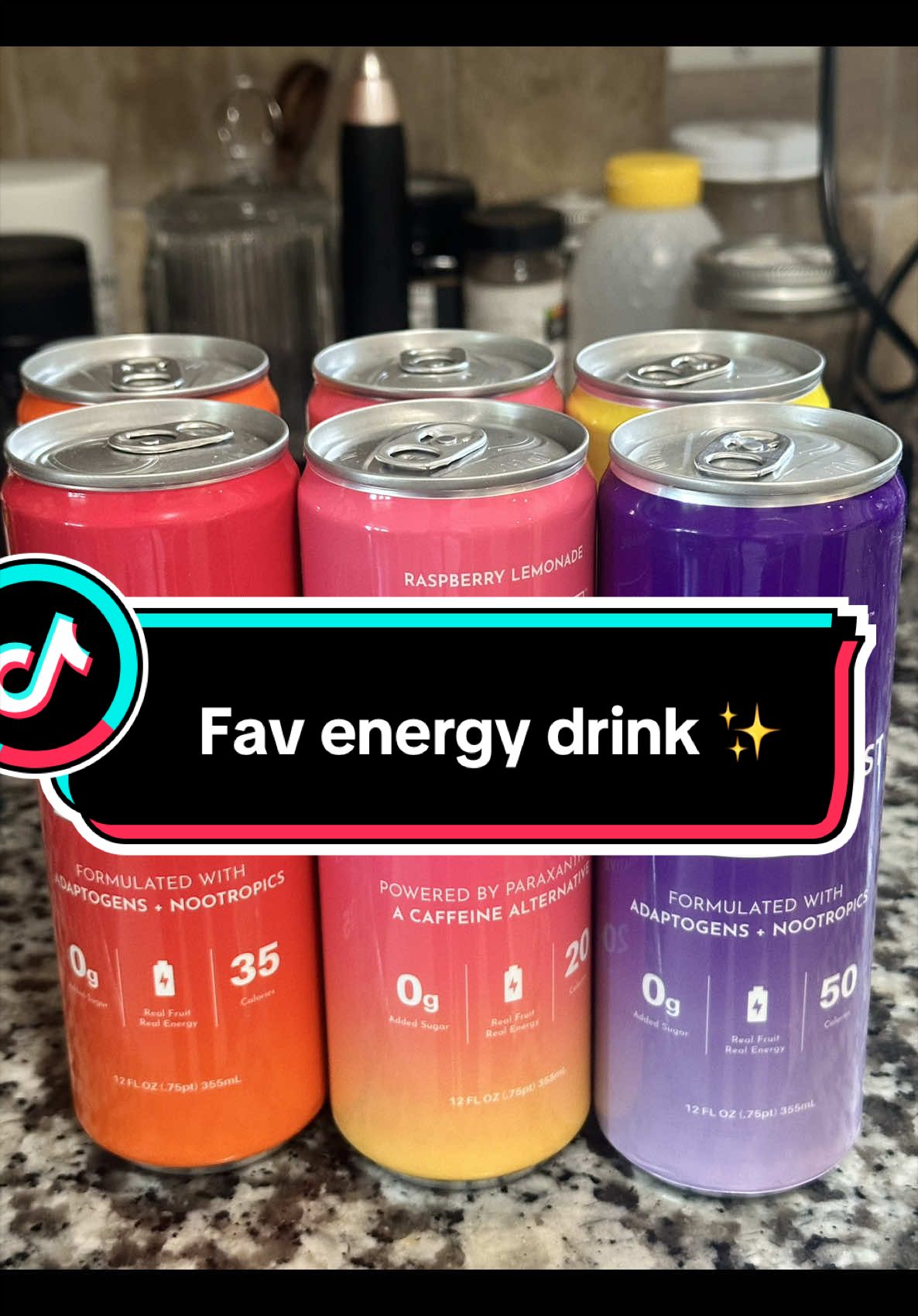 TikTok post by an influencer for Just Ingredients. Caption reads: @Just.Ingredients #energydrink #wellness....