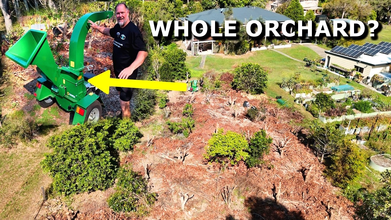 YouTube post by @Selfsufficientme for Epic Gardening. Caption reads: Can the Hansa C21 Chip Our Whole Orchard? (4 Days....