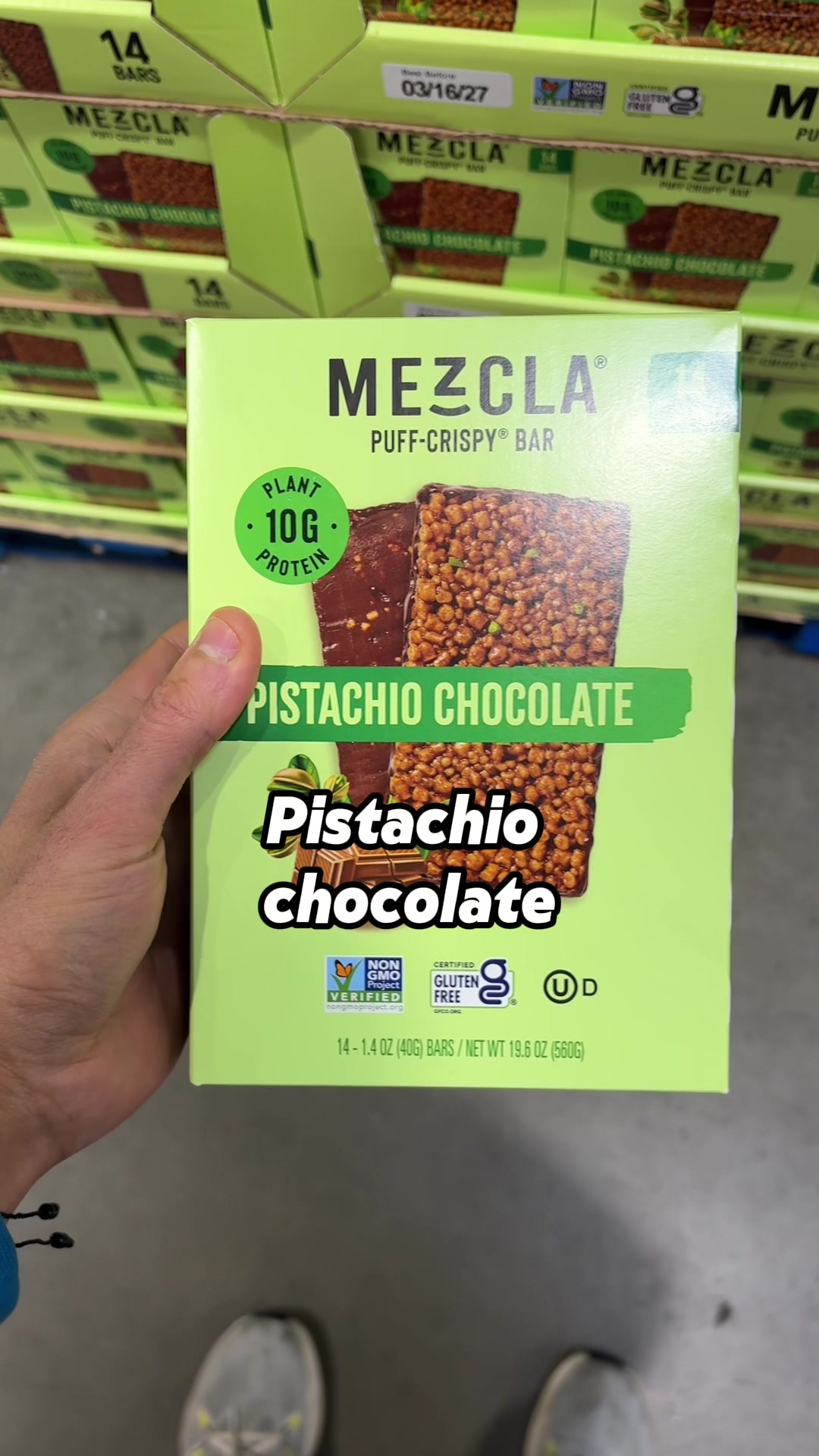 TikTok post by @trainwithmikey for Mezcla. Caption reads: [...] Pistachio Chocolate Puff-Crispy bar from....