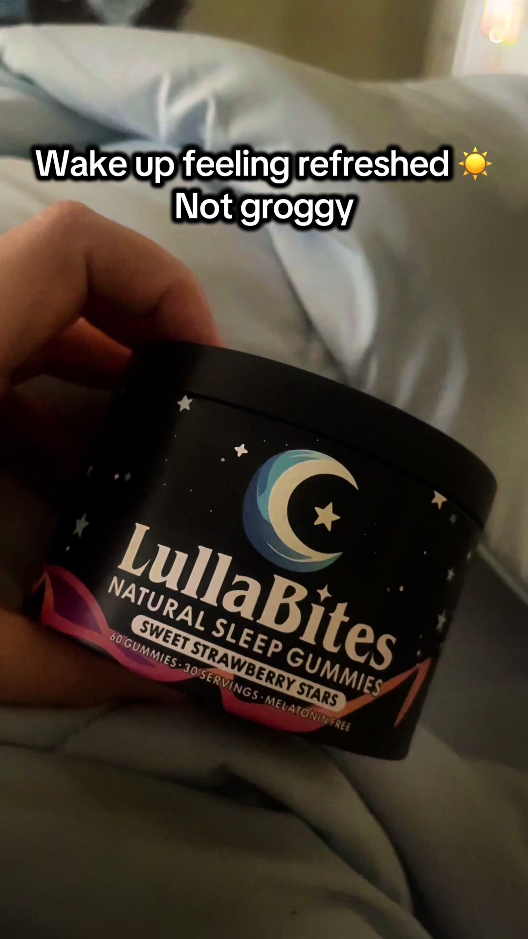 TikTok post by @katcv2 for LullaBites. Caption reads: Lullabites are natural, melatonin-free sleep [...].