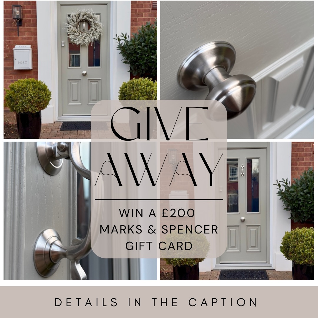 Instagram post by @rebecca_riley_home for The Palladio Door Collection. Caption reads: GIVEAWAY TIME!! 👏🏼👏🏼

Ad | If January feels a....