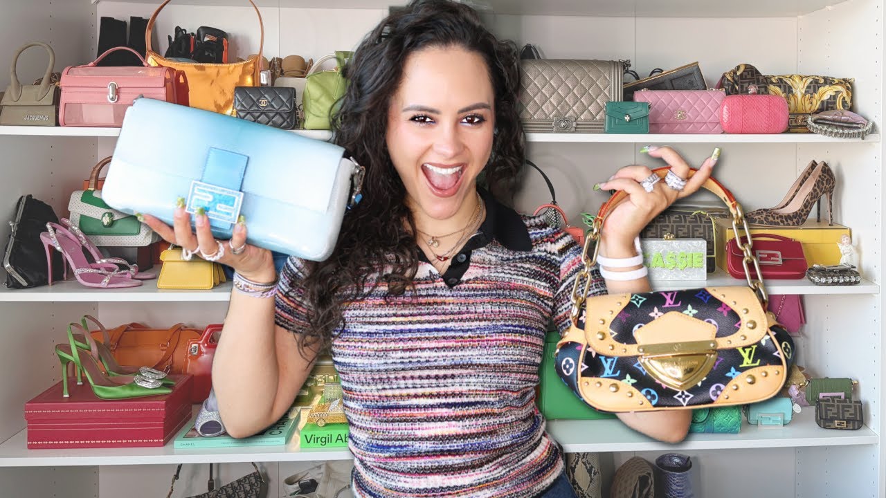 YouTube post by @CassieThorpe for Klarna. Caption reads: My RIDICULOUS Designer Handbag Collection 2025 *60....