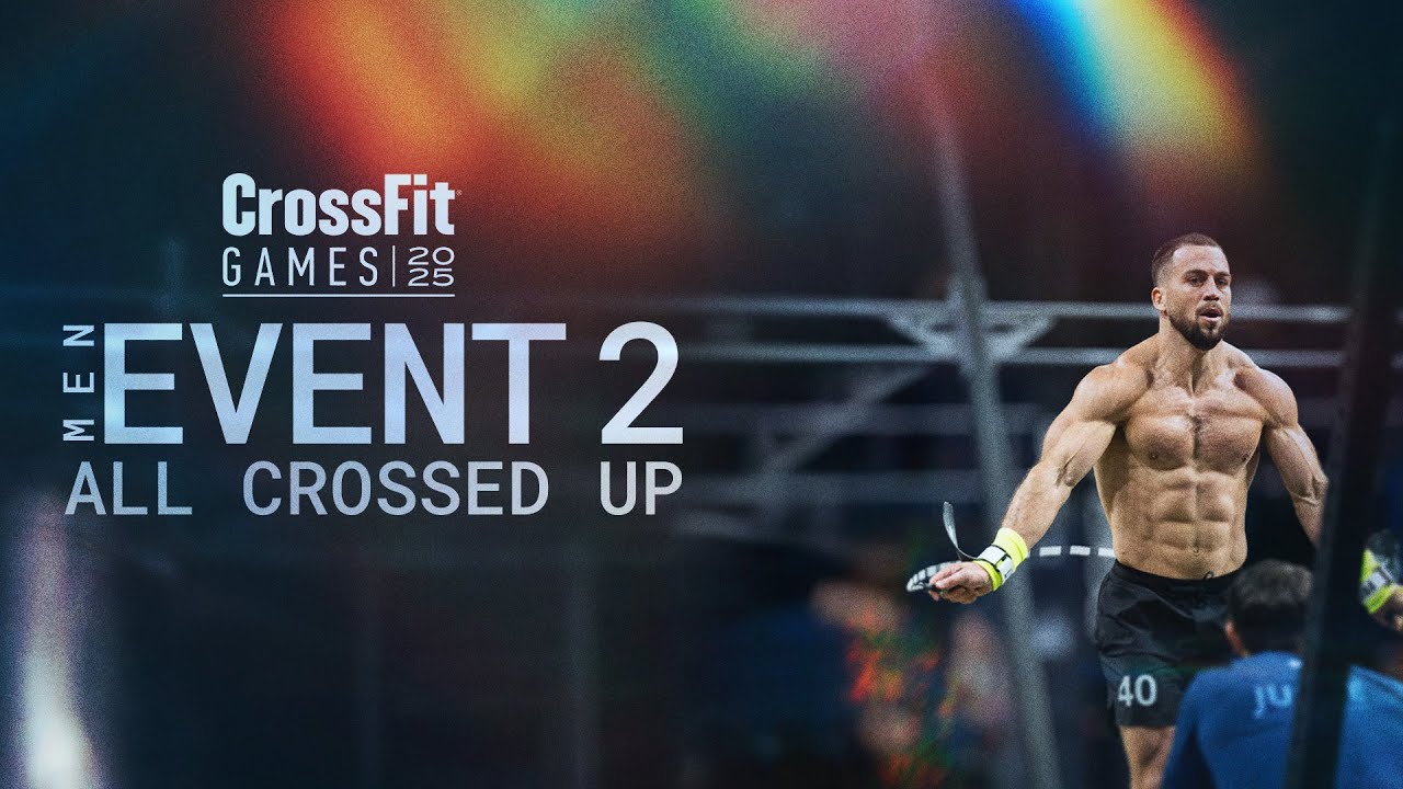 YouTube post by @CrossFitGamesTV for CrossFit. Caption reads: 2025 CrossFit Games, Men’s Event 2, Final Heat.