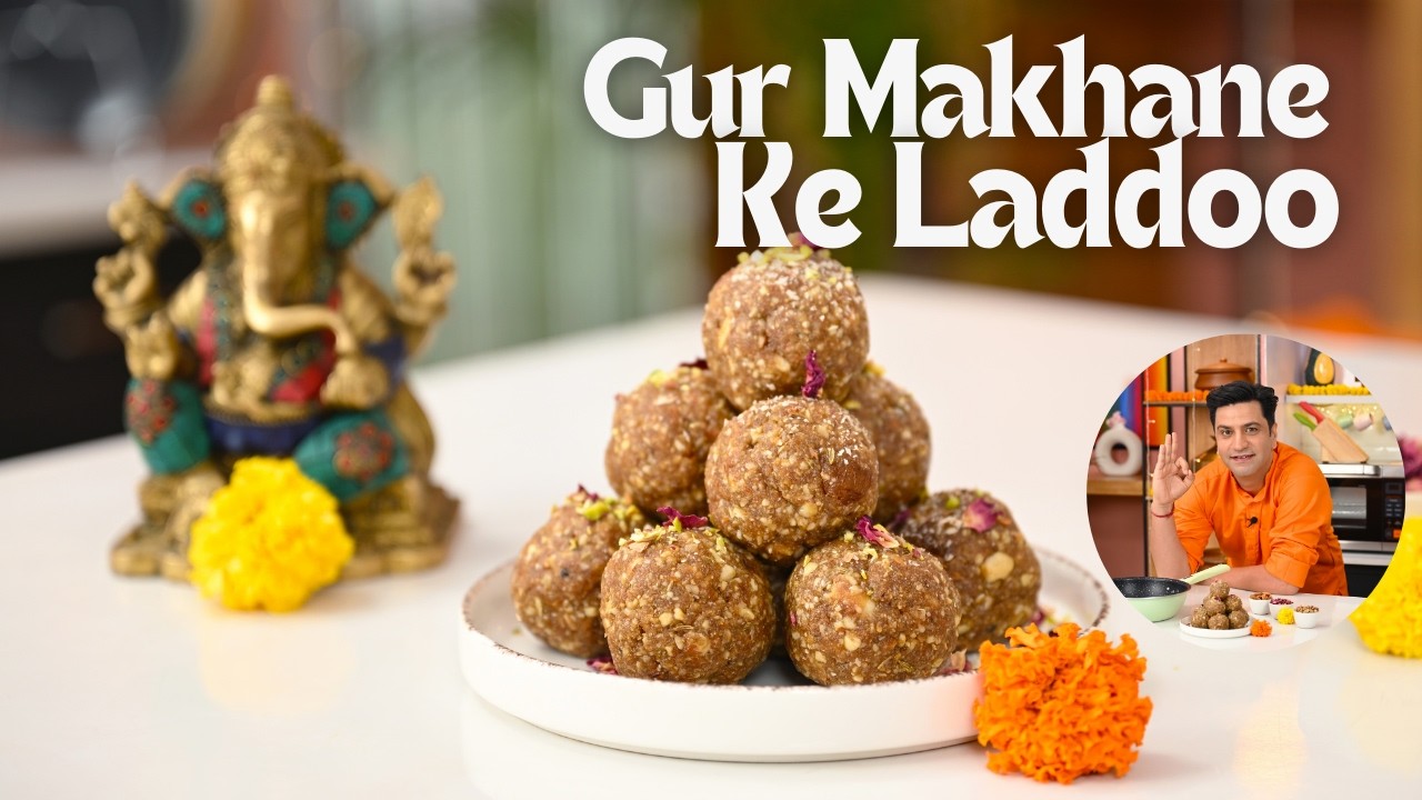 YouTube post by @KunalKapur for Envato. Caption reads: Makhana & Dry Fruit Laddoo | Gur Makhane Ke Laddu....