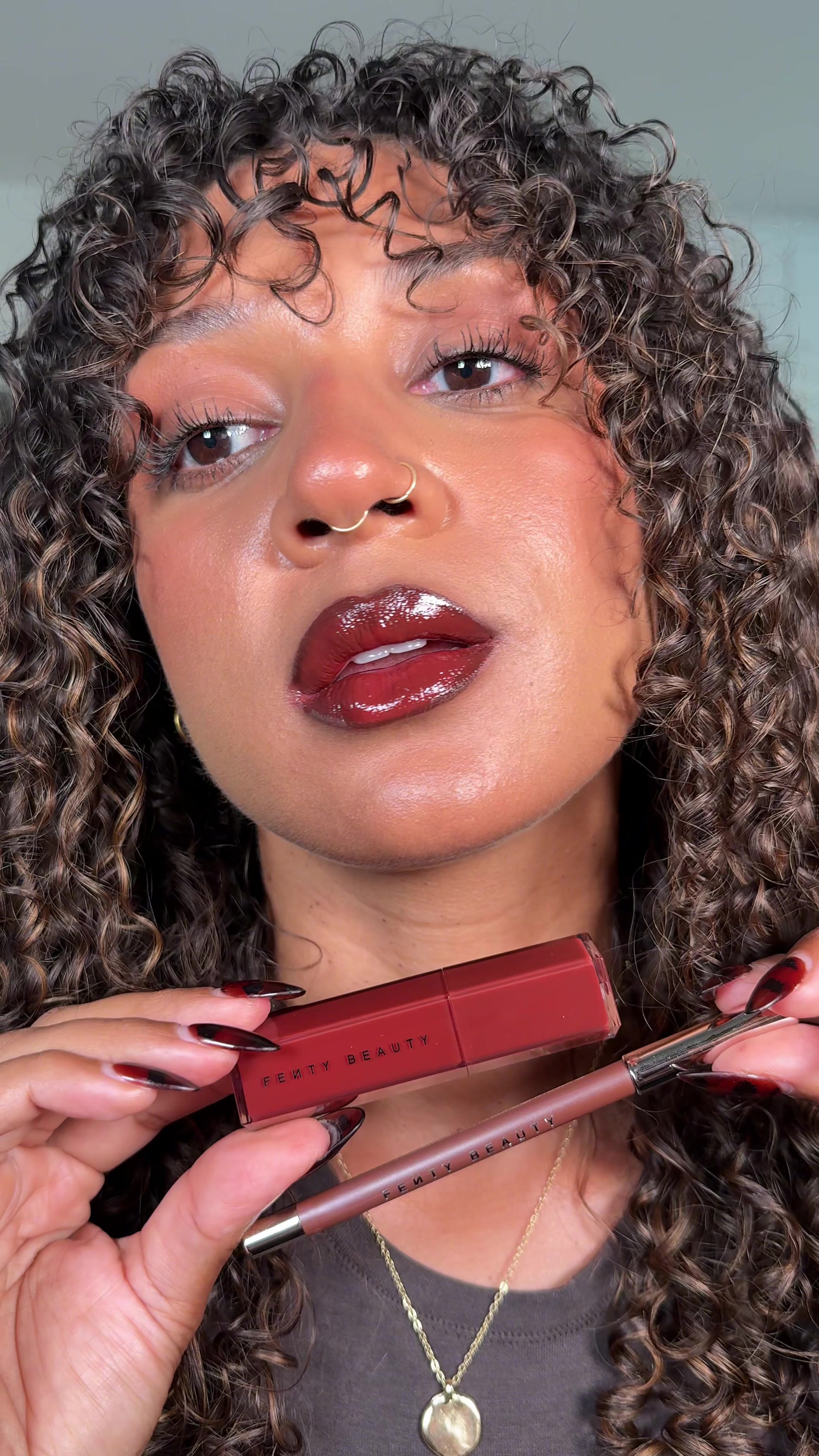 TikTok post by @leigha_chrstine for Fenty Beauty. Caption reads: Your fave @Fenty Beauty fall lip combo now only....