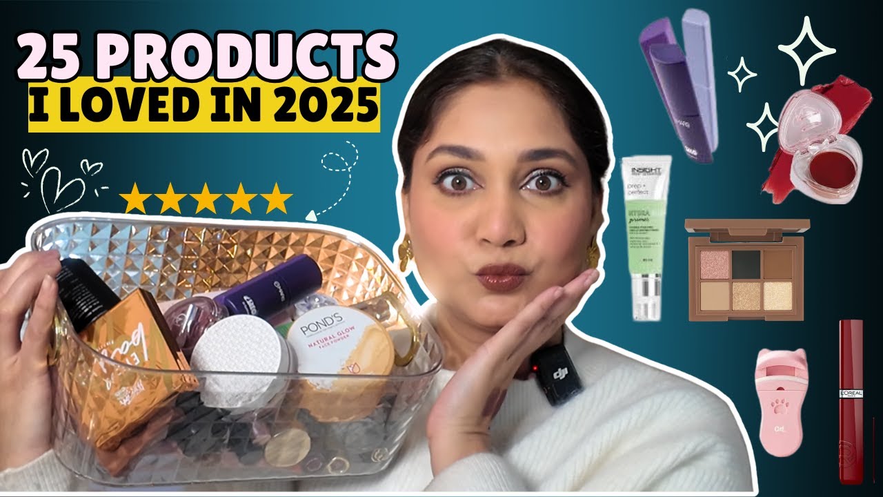 YouTube post by @NidhiK for Purplle. Caption reads: BEST of the BEST... 25 Makeup Favorites from 2025....