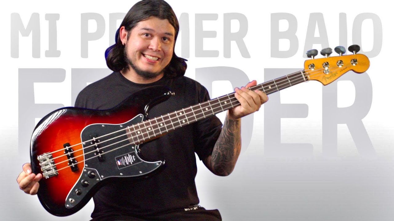 YouTube post by @eddiewarboy for Fender. Caption reads: ¡MI PRIMER BAJO FENDER! 😍 | American Professional....