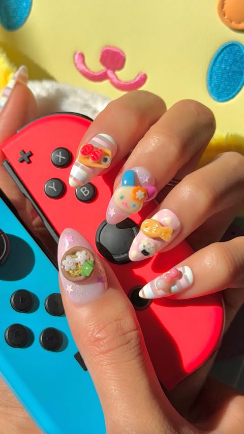 Instagram post by @concon_wi for Sanrio. Caption reads: [...] charm is your fave? 🍣🍡🍜🍙 @sanrio #Ad....