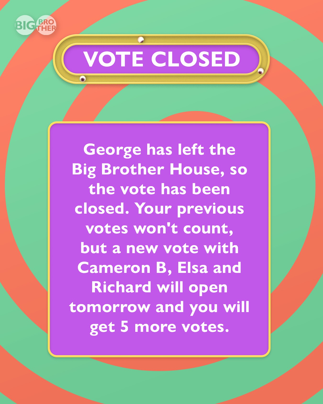 Instagram post by @bbuk for ITV. Caption reads: George has left the Big Brother House, so the vote....