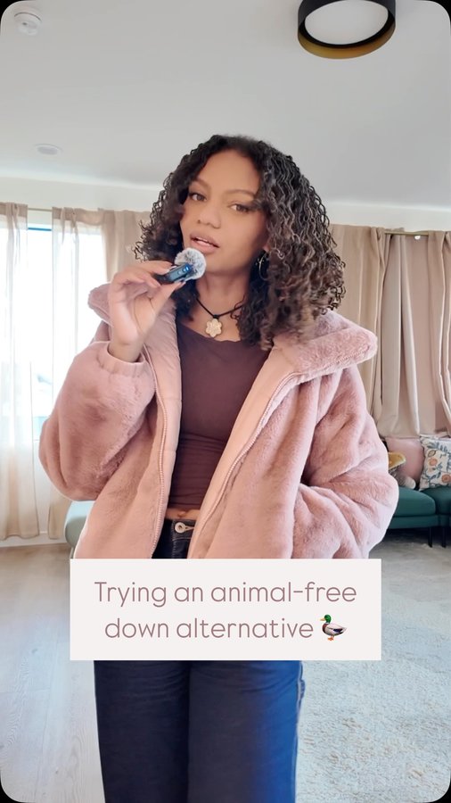 Instagram post by @greengirlleah for Save The Duck. Caption reads: Clothing can be animal-free and still stylish,....