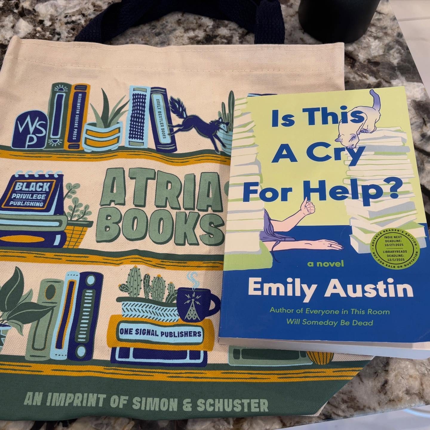 Instagram post by @stacy40pages for Atria Books. Caption reads: 𝐈𝐬 𝐓𝐡𝐢𝐬 𝐚 𝐂𝐫𝐲 𝐟𝐨𝐫 𝐇𝐞𝐥𝐩? by Emily....