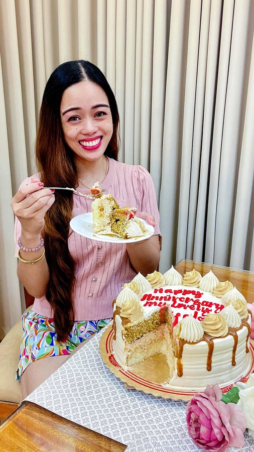 Instagram post by @mrsangel_sky for Red Ribbon Bakeshop. Caption reads: ❤️ Supremely kilig with my husband’s anniversary....