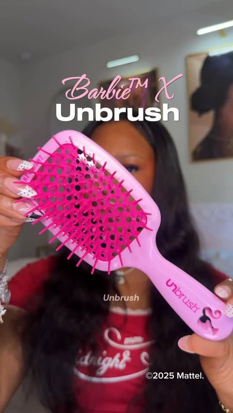 Instagram post by @debb_leo for FHI Heat. Caption reads: The new Barbie™  x UNbrush collection is such a....