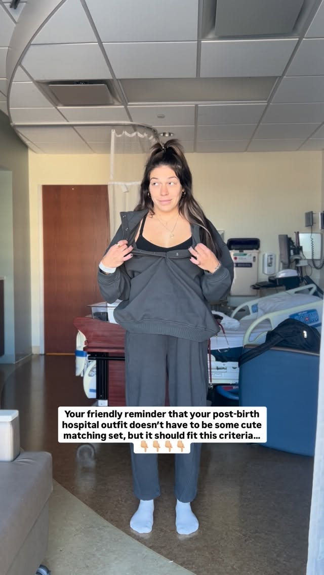 Instagram post by @raexnicole for Aerie. Caption reads: 👩🏻‍🍼POSTPARTUM HOSPITAL OUTFIT💁🏻‍♀️

…because....