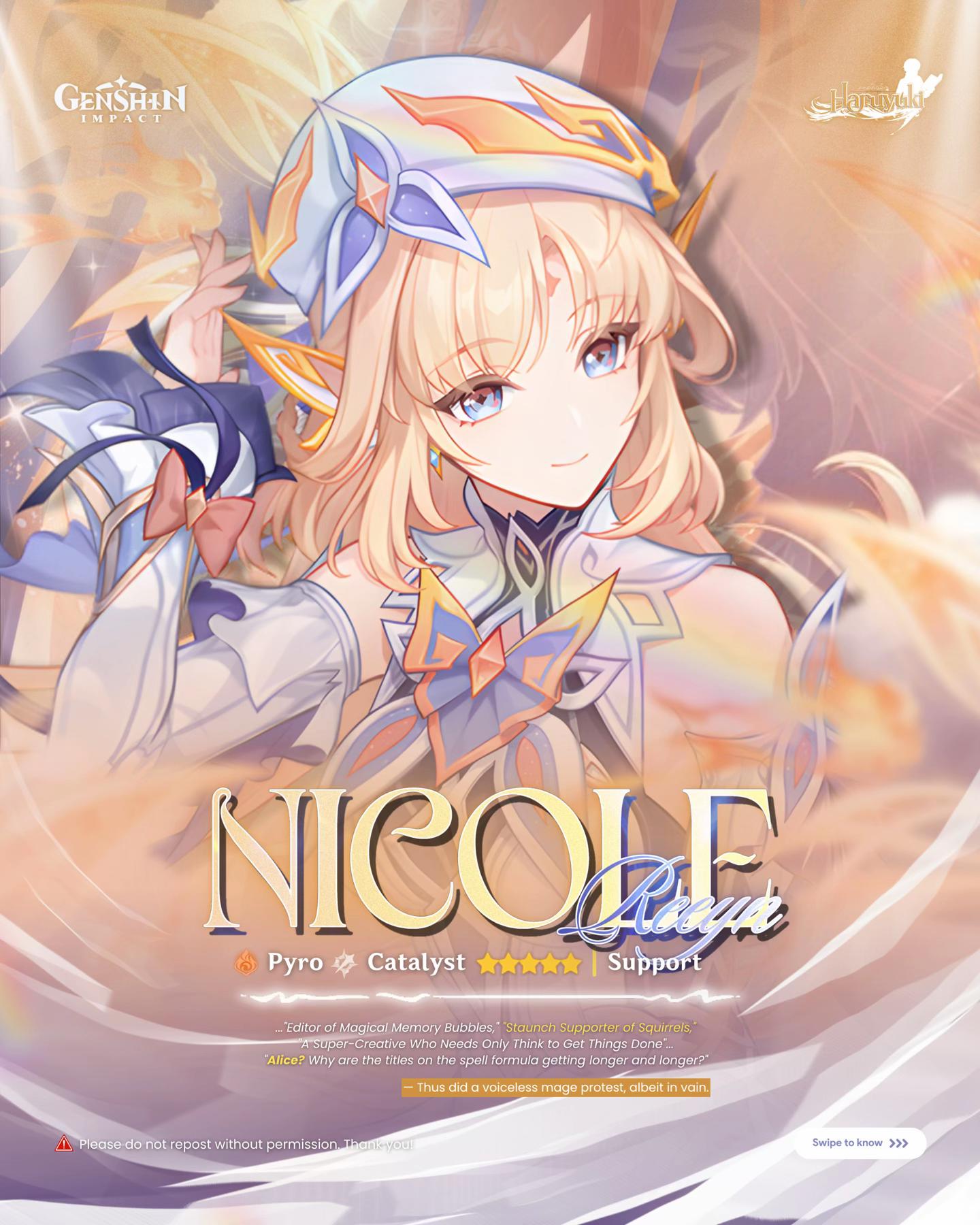 TikTok post by @haruyukinoheka for GenshinCampusEU. Caption reads: Nicole is a Pyro support in @GenshinImpact_En who....