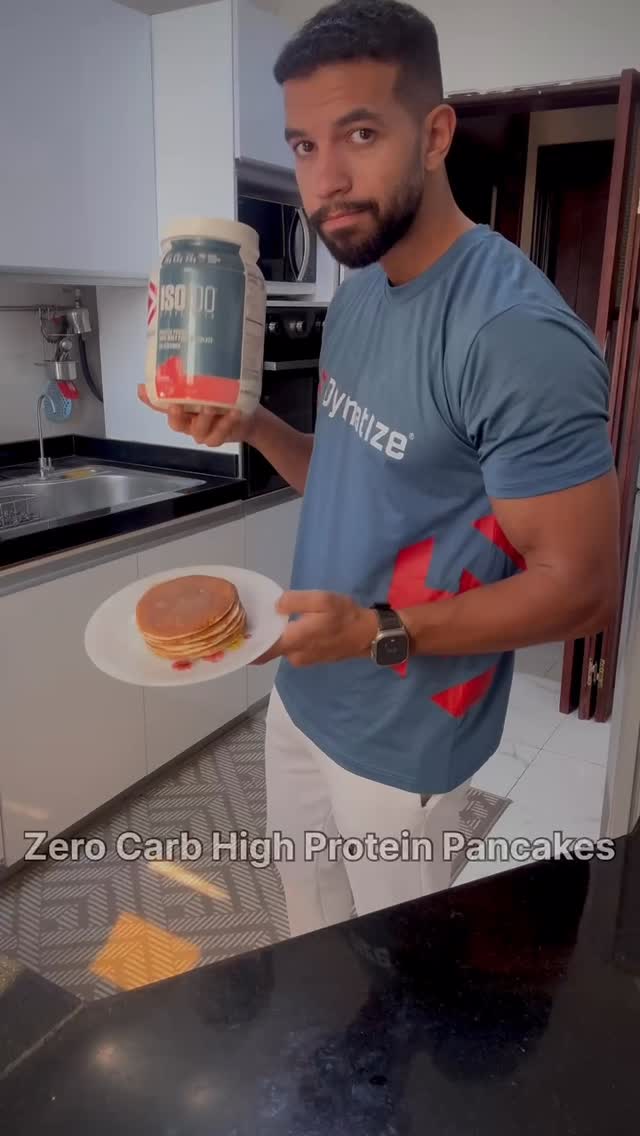 Instagram post by @jacksons.fit for Dymatize. Caption reads: pancakes  pure fuel, no guilt 🥞💥

@dymatize....