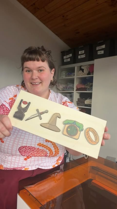 Instagram post by @katie_parrott for Xtool. Caption reads: [...] wooden puzzles printed and cut with the....