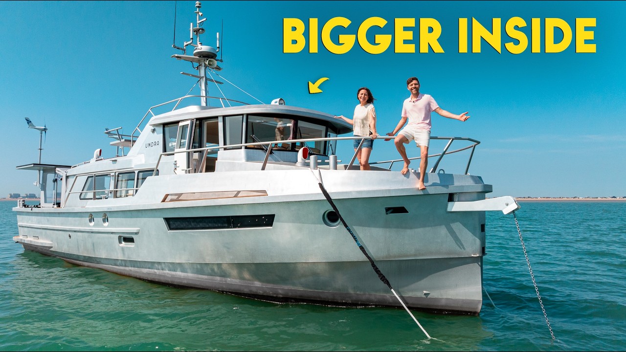 YouTube post by @gonewiththewynns for Motion Array. Caption reads: Inside Our 50ft Aluminum Explorer Yacht.