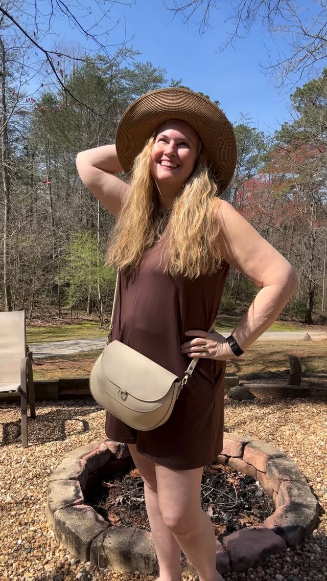 Instagram post by @yogathroughmenopause for Portland Leather Goods. Caption reads: Spring vibes today!! Meet my new everyday favorite....