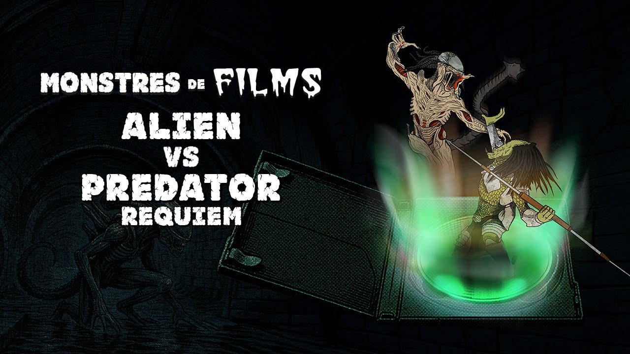 YouTube post by @Monstresdefilms for Rosetta Stone. Caption reads: Movie Monsters #64: "Alien vs. Predator: Requiem".