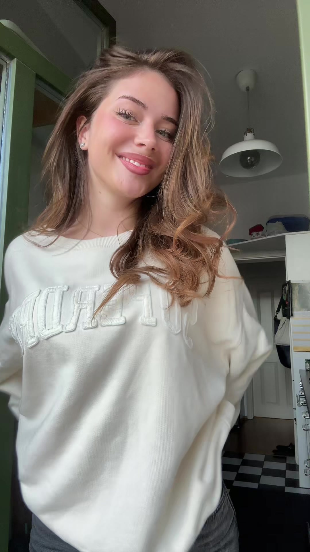 TikTok post by @emmaldkkk for Superdry. Caption reads: kitchen fit check <333 Clothes from @CULT by....