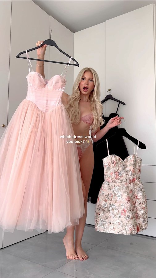 Instagram post by @sosazerafa for OH POLLY. Caption reads: Which @ohpolly dress would you pick? 🤯 (save....