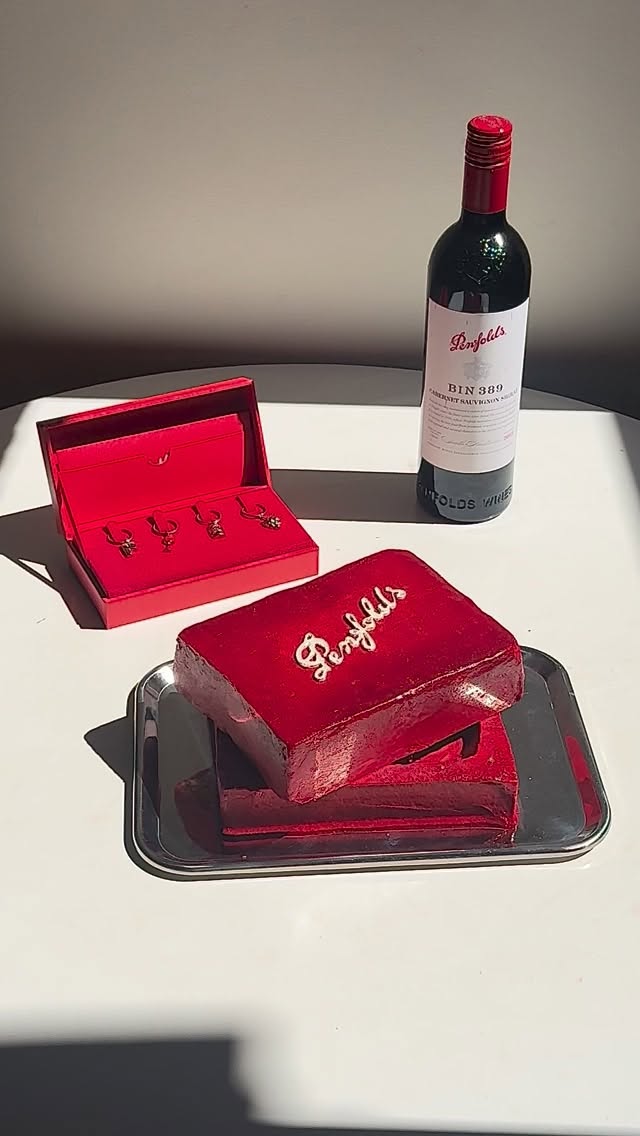 Instagram post by @vegemammma for Penfolds Wines. Caption reads: introducing @penfolds wine glass charms, the....