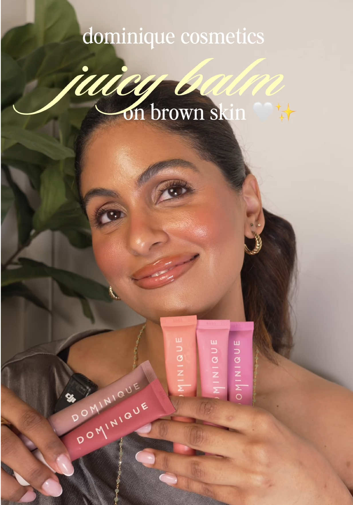 TikTok post by @paolagrl1 for Dominique Cosmetics. Caption reads: @Dominique Cosmetics juicy balms on brown skin....