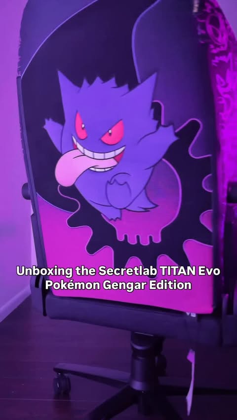 Instagram post by @pkmncast for Secretlab. Caption reads: Unboxing the Secretlab TITAN Evo Pokémon Gengar....