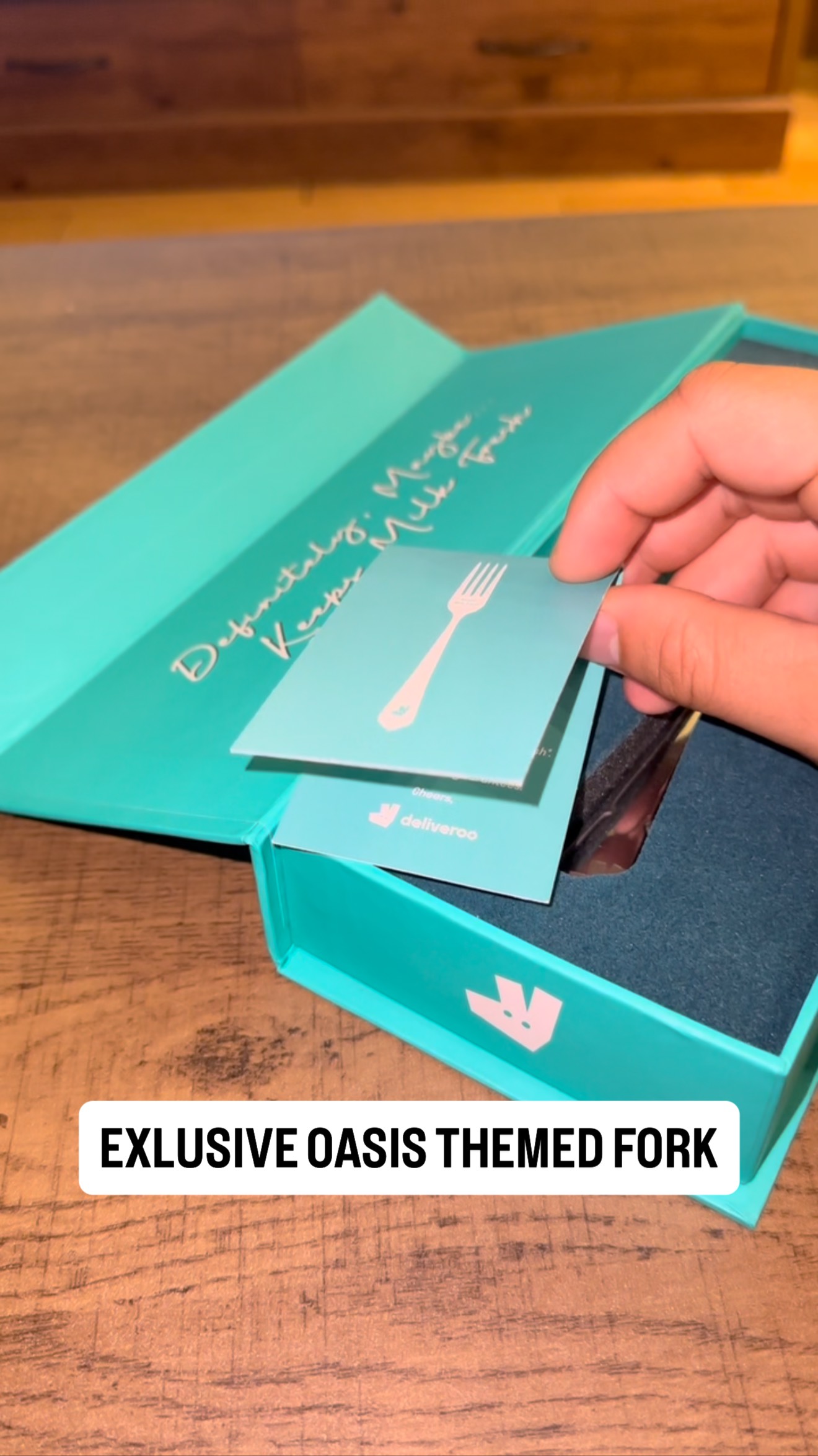 Instagram post by @gallagerfanpage for Deliveroo. Caption reads: DELIVEROO LAUNCHES ‘COMMEMOROOTIVE’ FORKS FOR MANC....