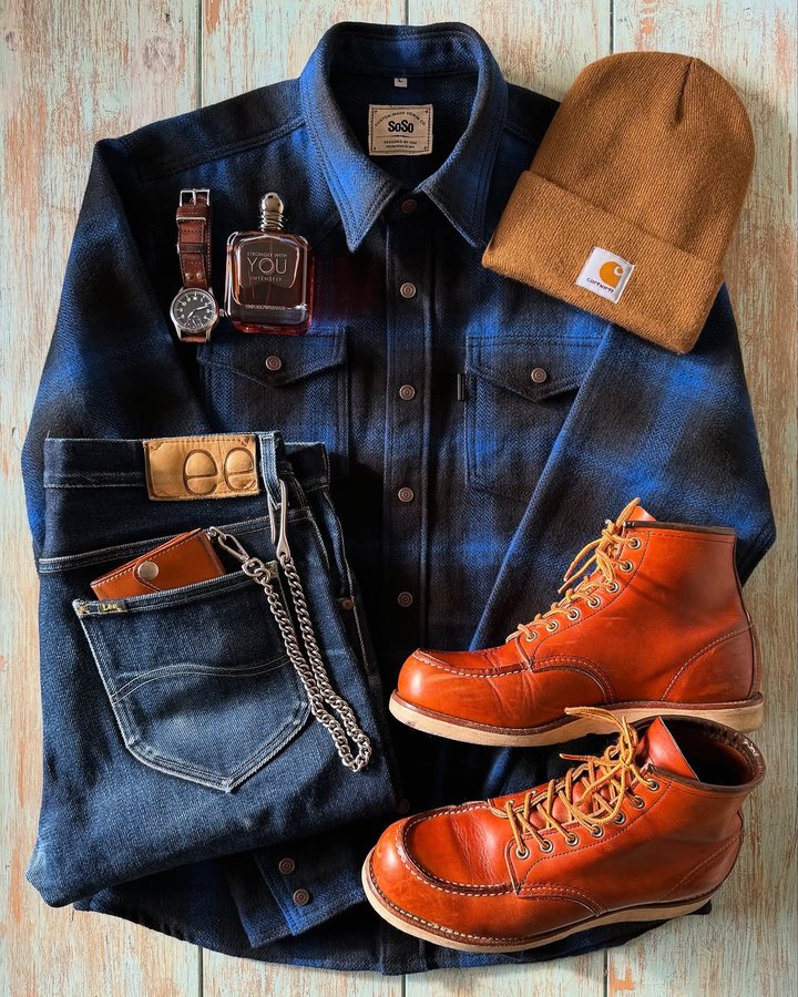 Instagram post by @joey_sam_blue for Red Wing Heritage. Caption reads: Weekend style with this Heritage style combo, it’s....