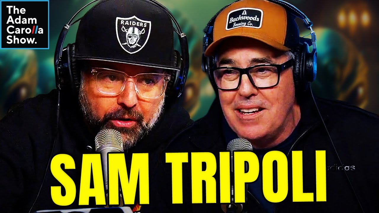 YouTube post by @TheAdamCarollaShow1 for Tecovas. Caption reads: Sam Tripoli on Free Speech, Culture Wars & Why He....