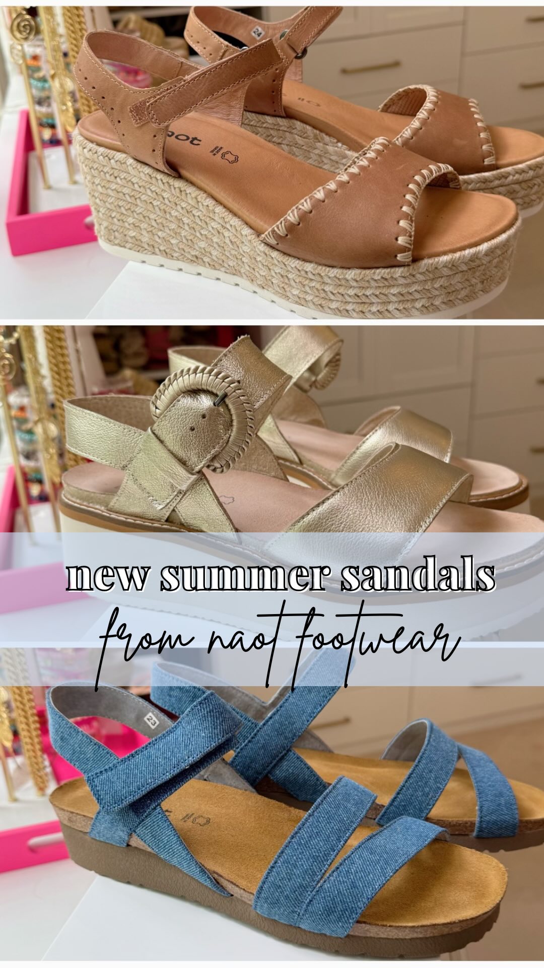 Instagram post by @katygharrell for Naot Shoes North America. Caption reads: Help me style my new summer sandals from....