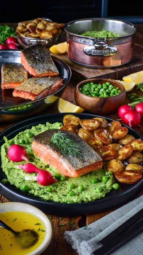 Instagram post by @zimmysnook for Hestan Culinary. Caption reads: Crispy Skin Salmon with Minty Pea Purée & Roasted....