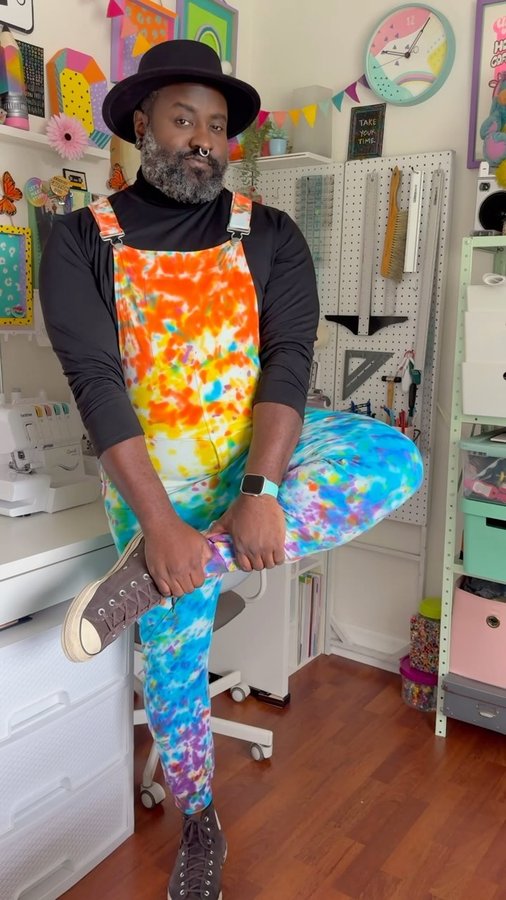 Instagram post by @mister.larrie for SWOVERALLS. Caption reads: These custom @swoveralls_ are cute, colorful, and....