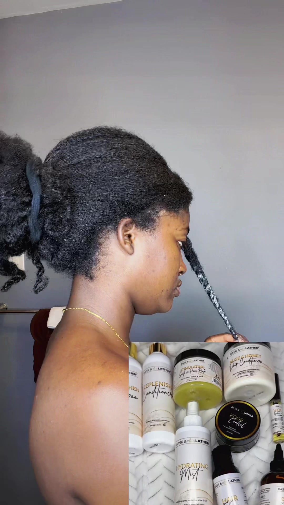 TikTok post by @francieli847 for Bask and Lather Co. Caption reads: @Bask and Lather Co #hair #haircareroutine [...].