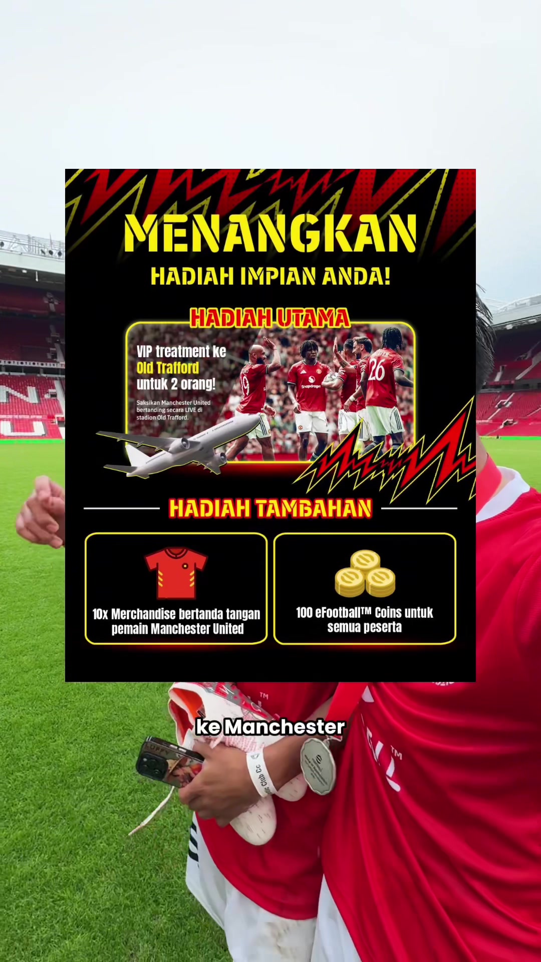 TikTok post by @mg_ammar for Konami. Caption reads: Kapan lagi bisa ke Manchester cuman dengan mainin....