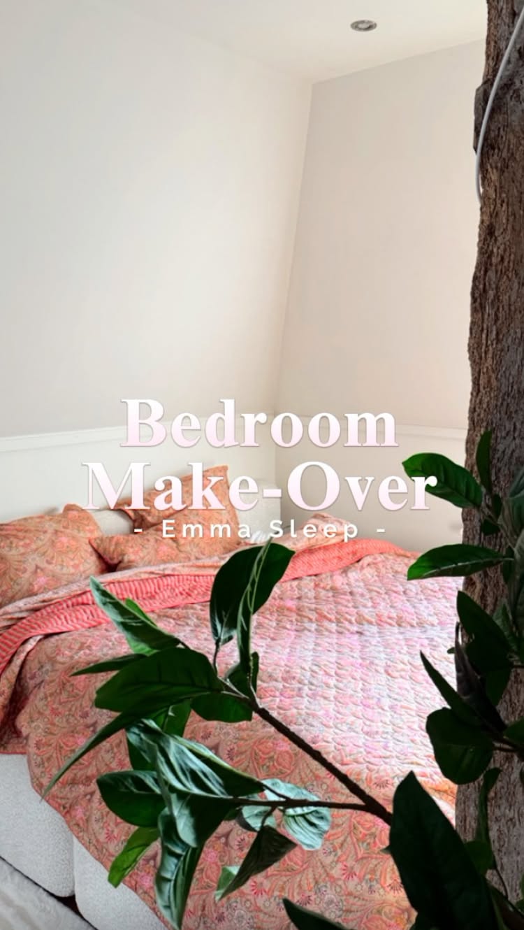 Instagram post by @mirthe for Emma Sleep NL. Caption reads: BEDROOM MAKE-OVER😴🤍 | Na twee jaar in dit huis....