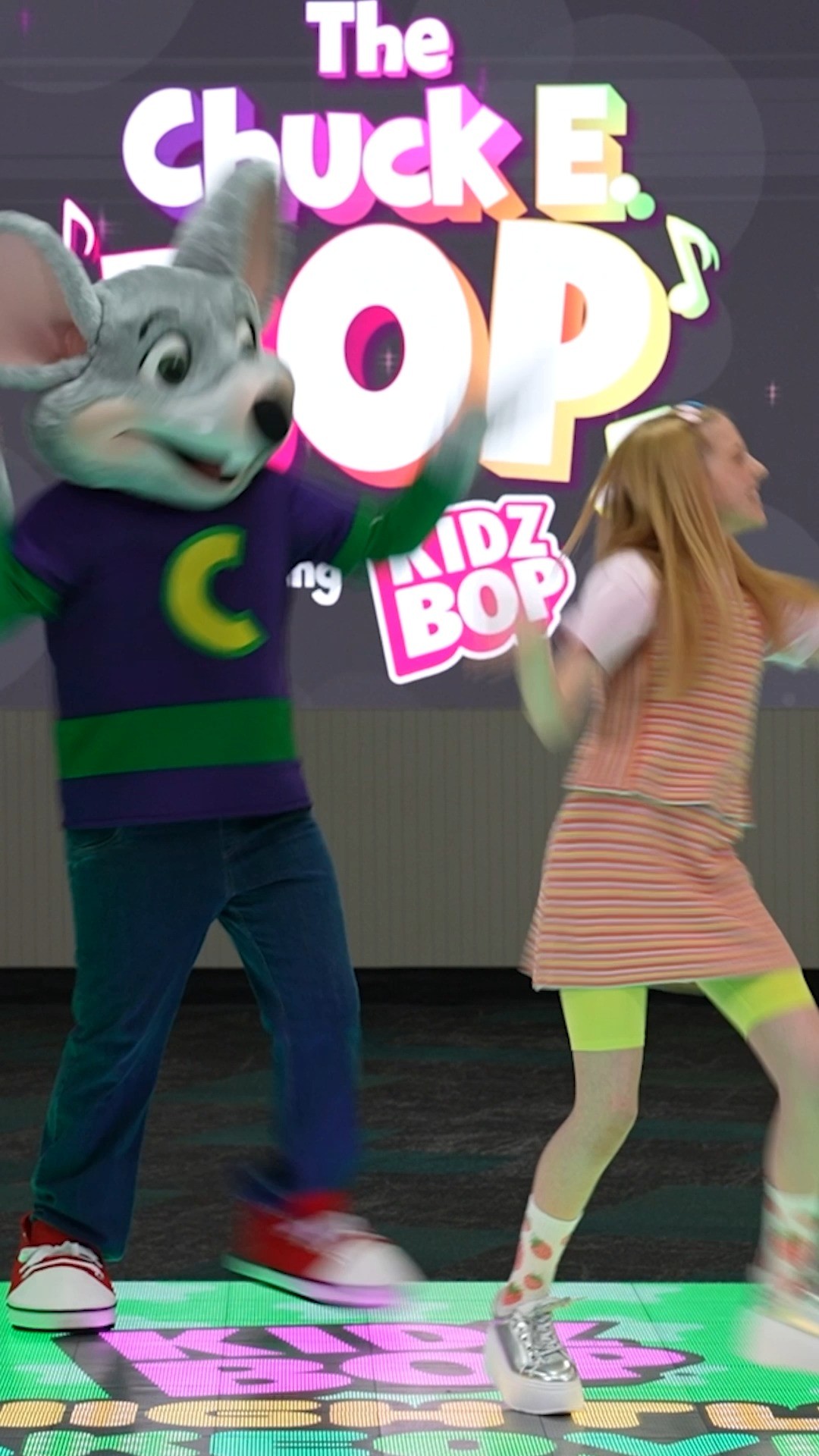 Instagram post by @kidzbop for Chuck E. Cheese. Caption reads: 🎶 Do the Chuck E BOP! 🎶 Dance along with us on....