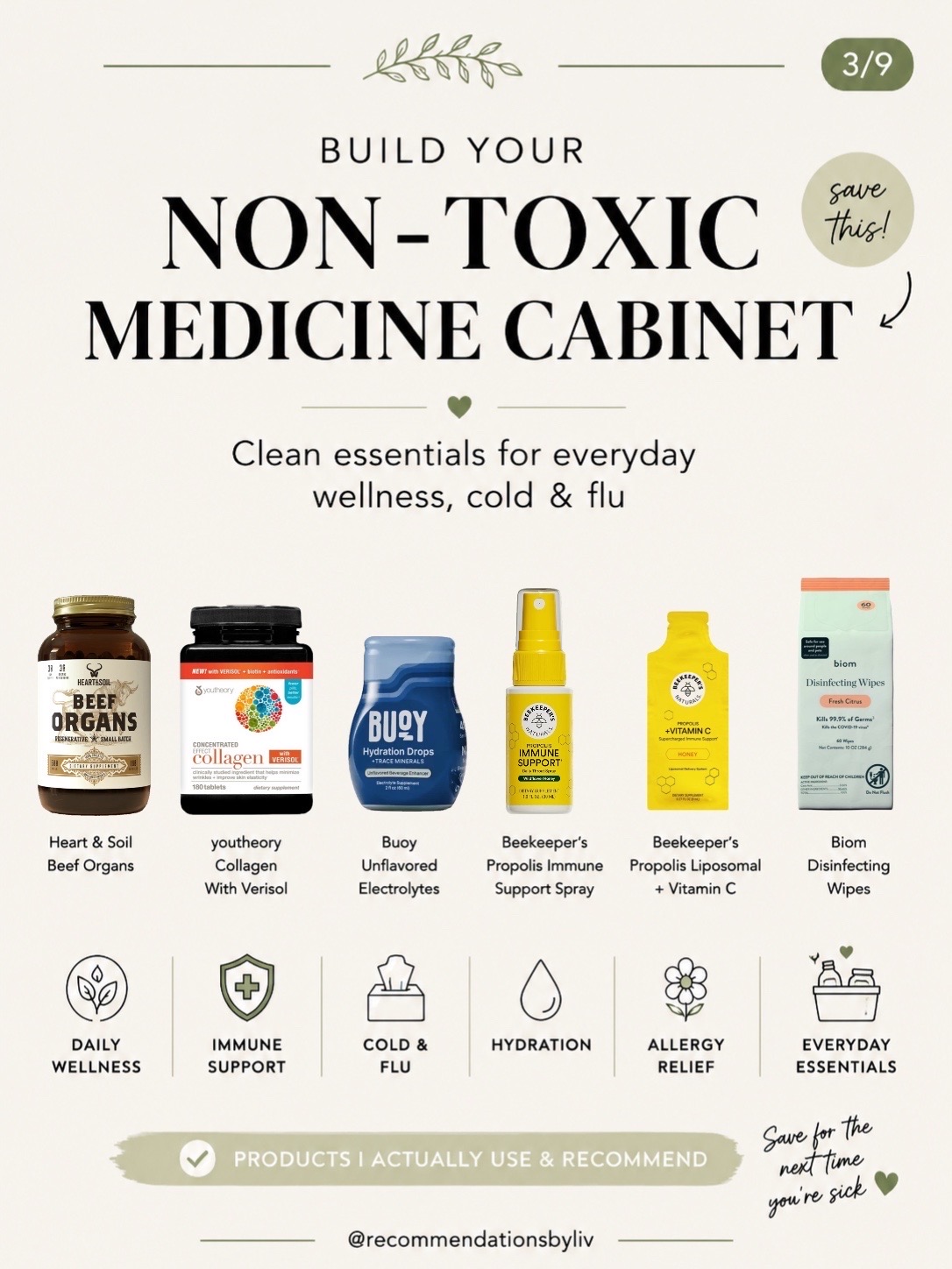 TikTok post by @recommendationsbyliv for Buoy Health. Caption reads: If you're slowly building a lower-tox medicine....