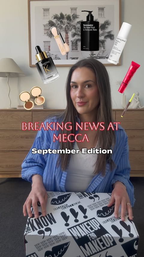 Instagram post by @whatcarlywears_ for MECCA. Caption reads: Breaking News at @meccabeauty - September Edition....