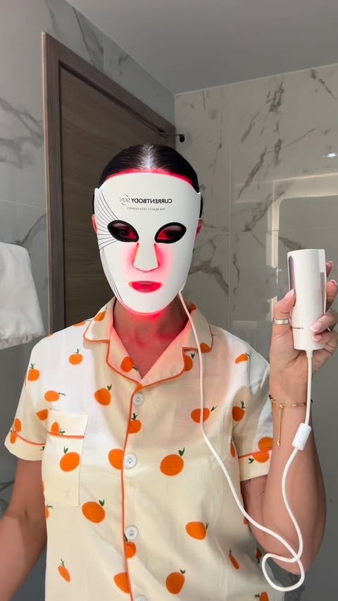 Instagram post by @bec.fen for currentbody. Caption reads: [...] consistent use of my LED mask from....