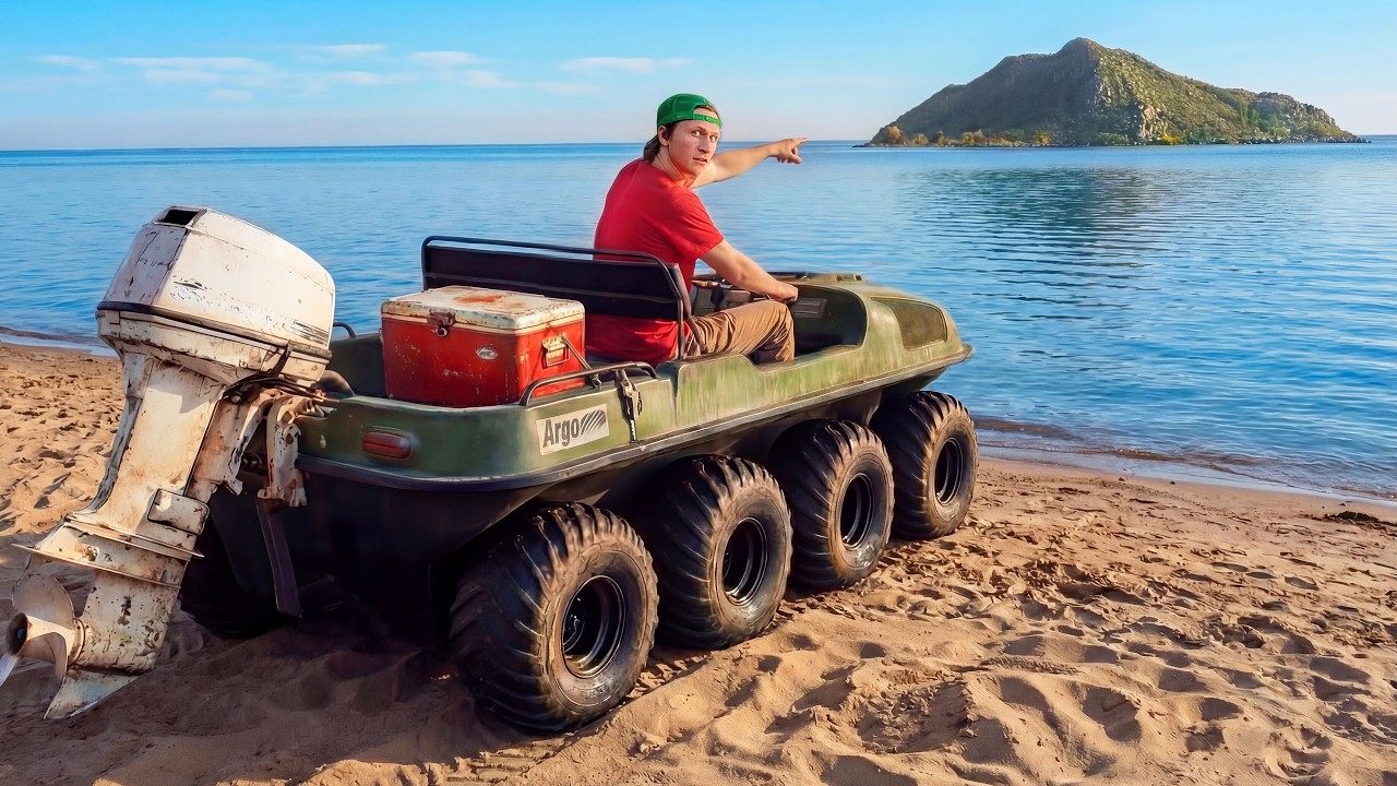 YouTube post by @prestongoes for OLIPOP. Caption reads: I Drove My Floating Tank to an Island.
