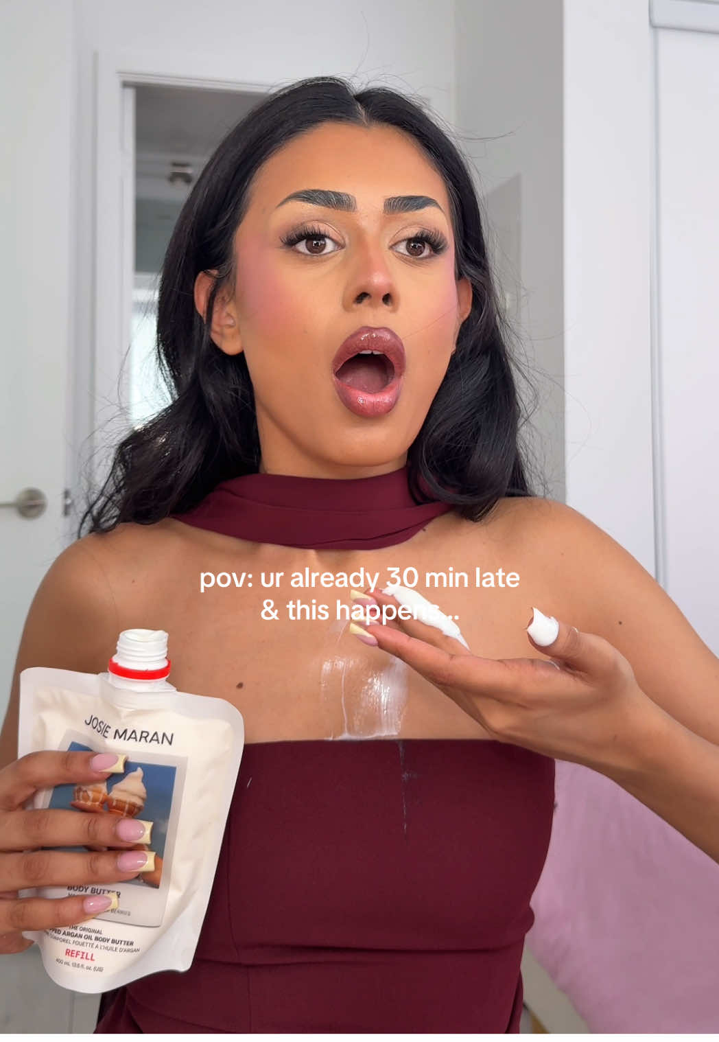 TikTok post by @diya.pandeyyy for Josie Maran. Caption reads: ALWAYS happens when ur late too😭 @Josie Maran .