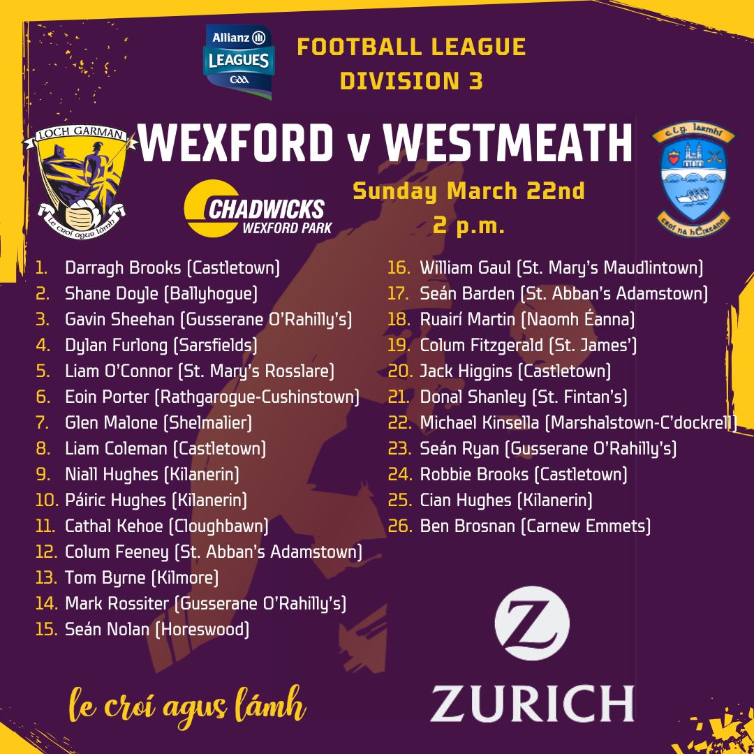 Instagram post by @officialwexgaa for Zurich Insurance. Caption reads: Here's our senior football squad, proudly....